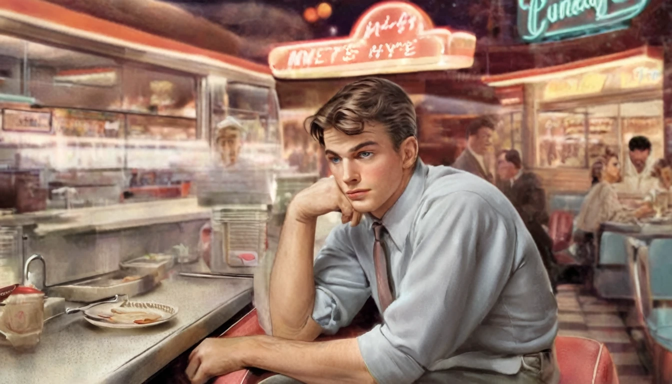 A handsome young man sitting in a 1960s diner at night looking bored, 1960s style, vintage_p_style, retro, 