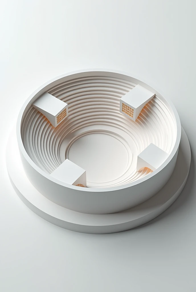 Arena theatre model, 3d, drone view, with four gaps in between the closed arena