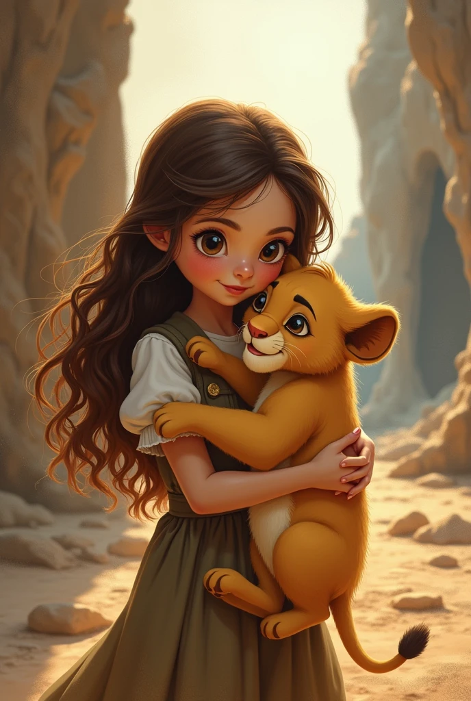 A GIRL HUGGING A LITTLE LION IN THE DISNEY STYLE, THROWN OUT
