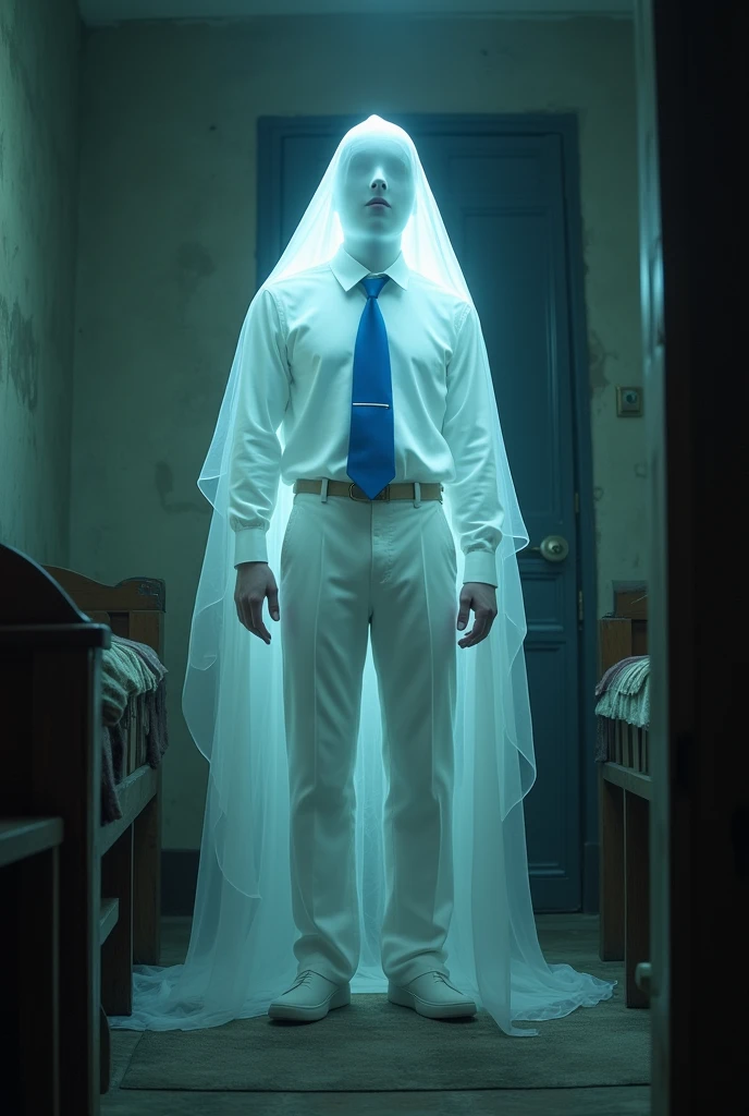 I want to create a ghost in white trousers and white pant with blue tie in a hostel room