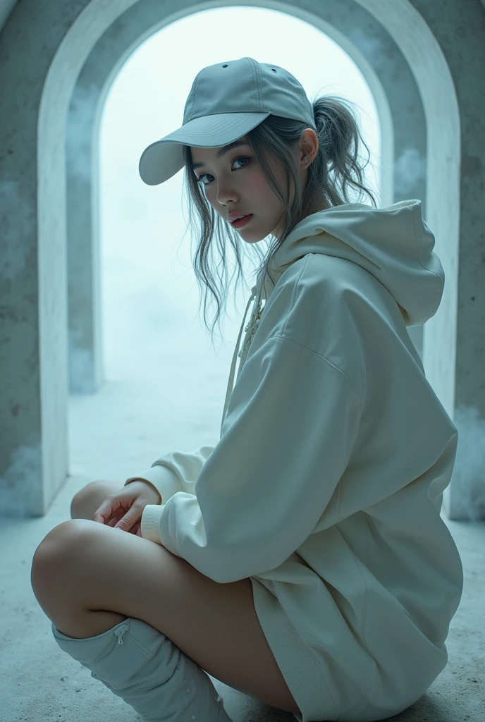 nsfw, masterpiece, Best Quality, hyper Realistic, A mysterious and sophisticated beautiful young gravure Japanese woman with blue eyes wears futuristic and sexy fashion art. sitting focus ass,, from below, Detailed clothing butt, woman is climbing at a wide angle, with her full body in frame. large Butt, sexy large breasts, slim waist, Cyber punk fashion, Her outfit includes white big hoodie sweat, nothing shorts, adding a minimalist beauty. She accessorizes with futuristic accessories and technical sneakers. Deeply covered white baseball cap, Her demeanor exudes harmony and striking simplicity, accentuating her curves and digging sensuously into her skin, hyper small head and face, wide and big Duck mouth, half open mouth, perfectly aligned teeth, perfect beautiful wide teeth, Detailed eyes, light blue eyes, half open eyes, shiny Droopy eyes, gray hair, looking other, She is situated within the interior of a futuristic colony, with mist drifting and steam rising from concrete