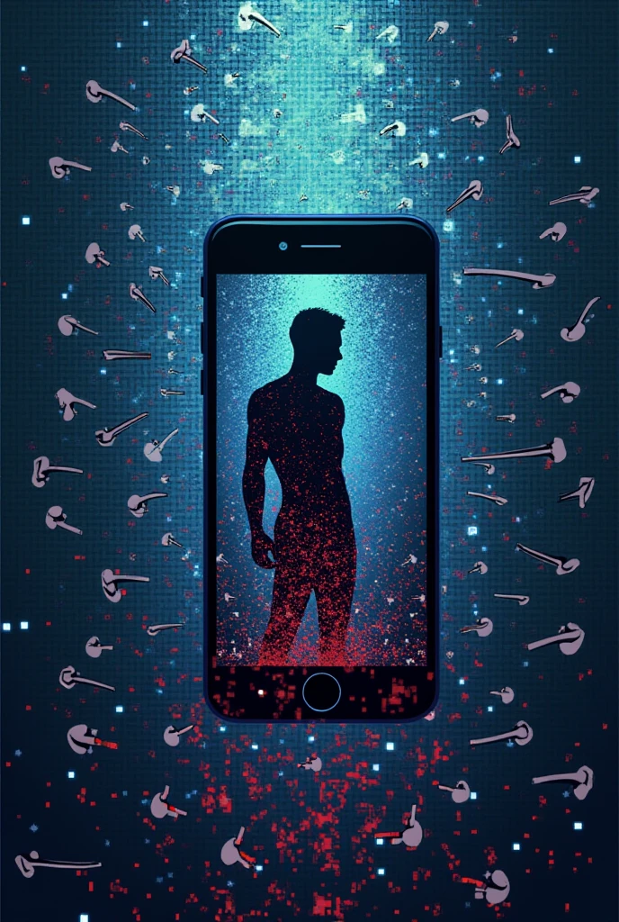 Vector splashed in pixel gradient of human bones concentrated on the cell phone.