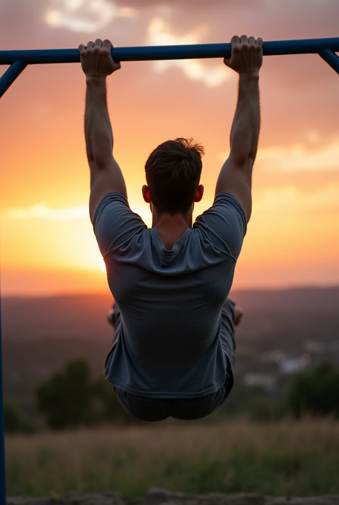 A guy with t-shirt and shorts is hanging to horizontal bar in sundown. (This picture is taken in back for wallpaper)