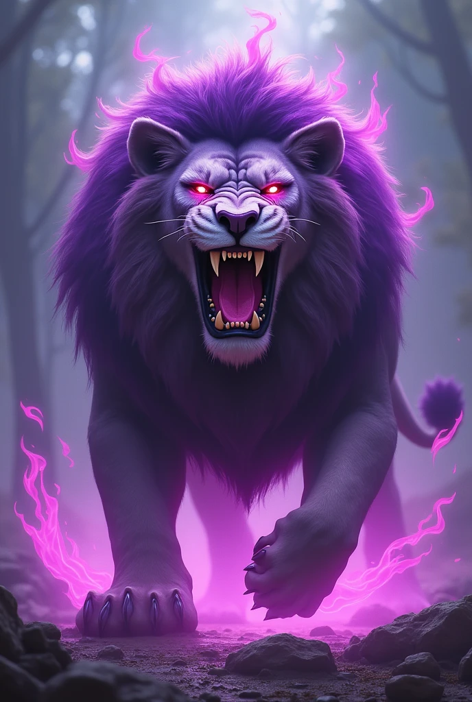 a purple roaring lion with shiny eyes that looks dull in a gamer style with purple fire around it

