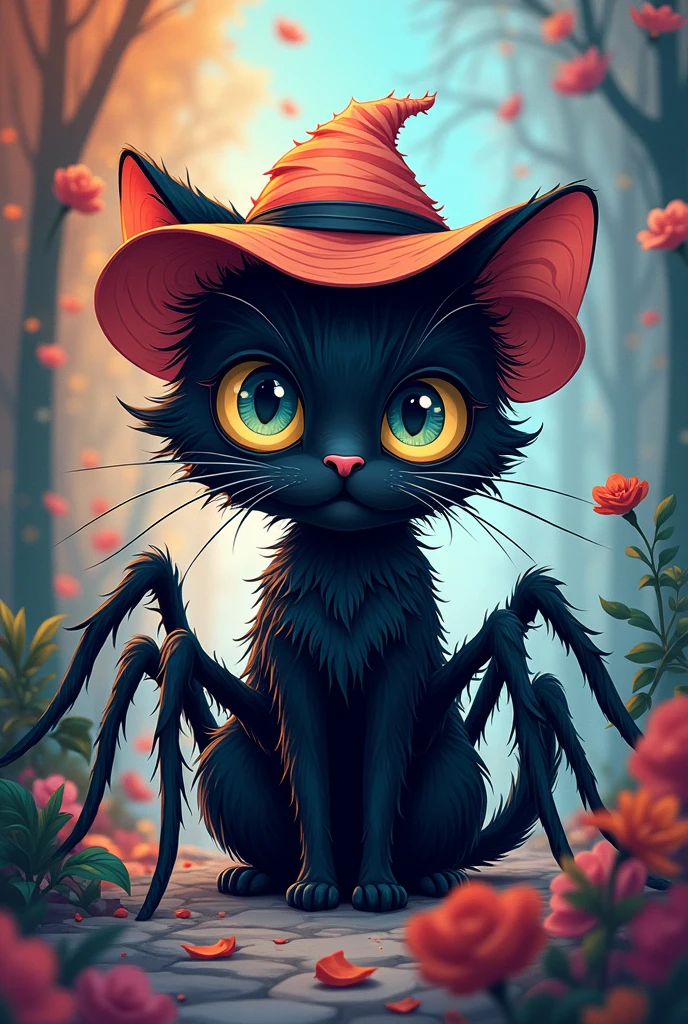 an image of a cute black spider cat with spider eyes wearing a hand drawn style hat on the internet