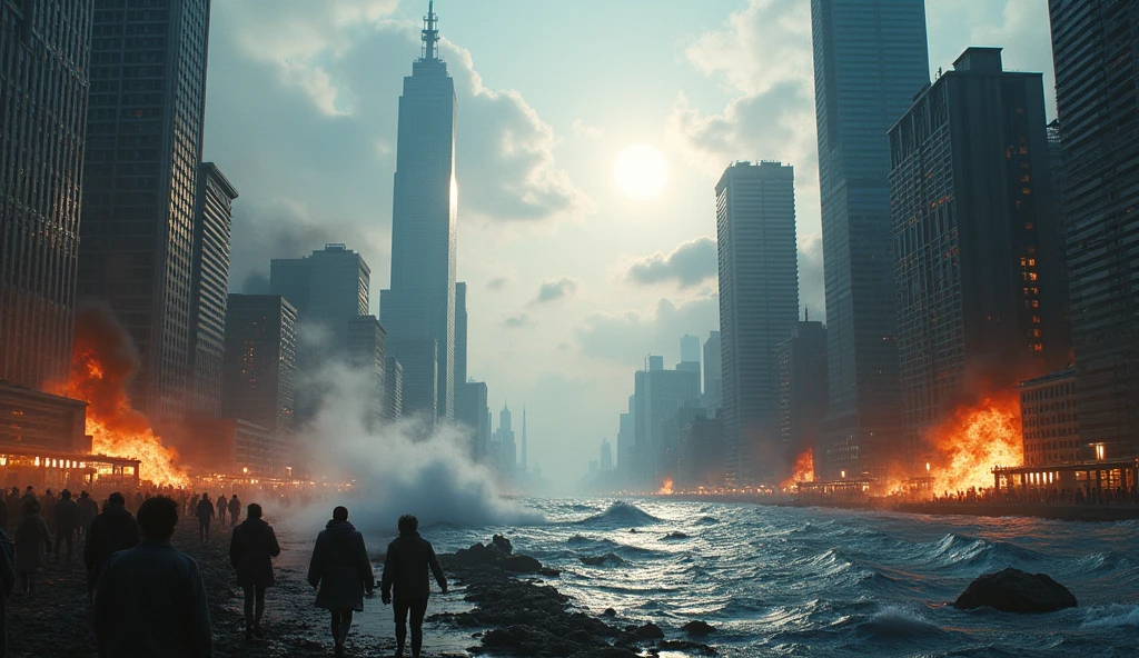 Draw a city then focus zoom in on the skyscrapers starting to collapse., add tsunami, and earthquake. Several buildings burned down. Realistic, HD