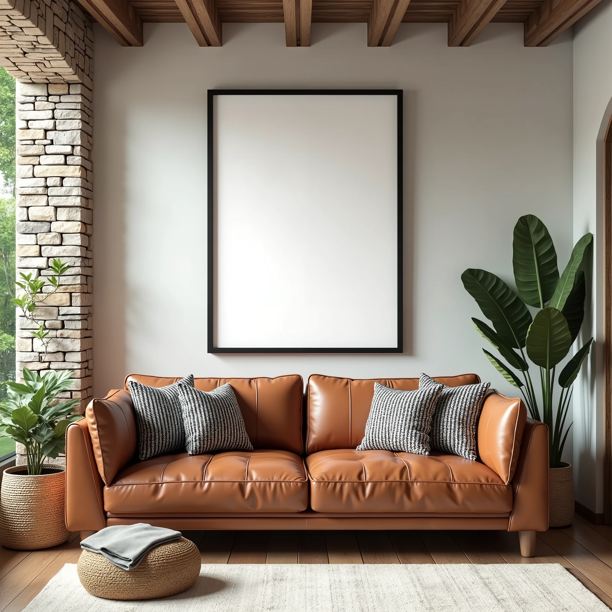 A cozy living room with rustic charm, featuring a stone-textured wall and exposed wooden beams. In the center, a brown leather sofa with black and white patterned pillows sits on a light-colored rug. Above the sofa, a large rectangular canvas with a blank white background is framed in black and hangs prominently on the wall. The room is filled with natural light from a nearby window with a view of green foliage outside. A woven basket with a potted plant is placed by the window, adding a touch of greenery to the space