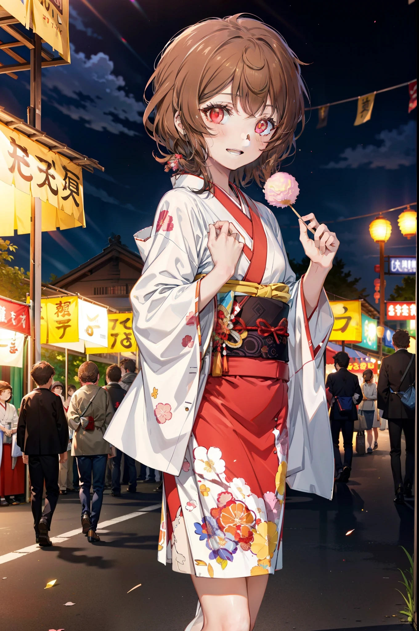 Lililukarde,  (Brown eyes:1.7), Brown Hair, (Flat Chest:1.2), short hair,smile,blush,Open your mouth,Sparkler,Holding, squat, night,Red Kimono,mini skirt,He is holding cotton candy in his right hand and a clear bag full of cotton candy in his left hand.,Japanese Festivals,Summer festival food stalls,Red lantern,whole bodyがイラストに入るように,
break looking at viewer,whole body, (Cowboy Shot:1. 5),
break outdoors, Veranda,
break (masterpiece:1.2), Highest quality, High resolution, unity 8k wallpaper, (figure:0.8), (Beautiful attention to detail:1.6), Highly detailed face, Perfect lighting, Highly detailed CG, (Perfect hands, Perfect Anatomy),