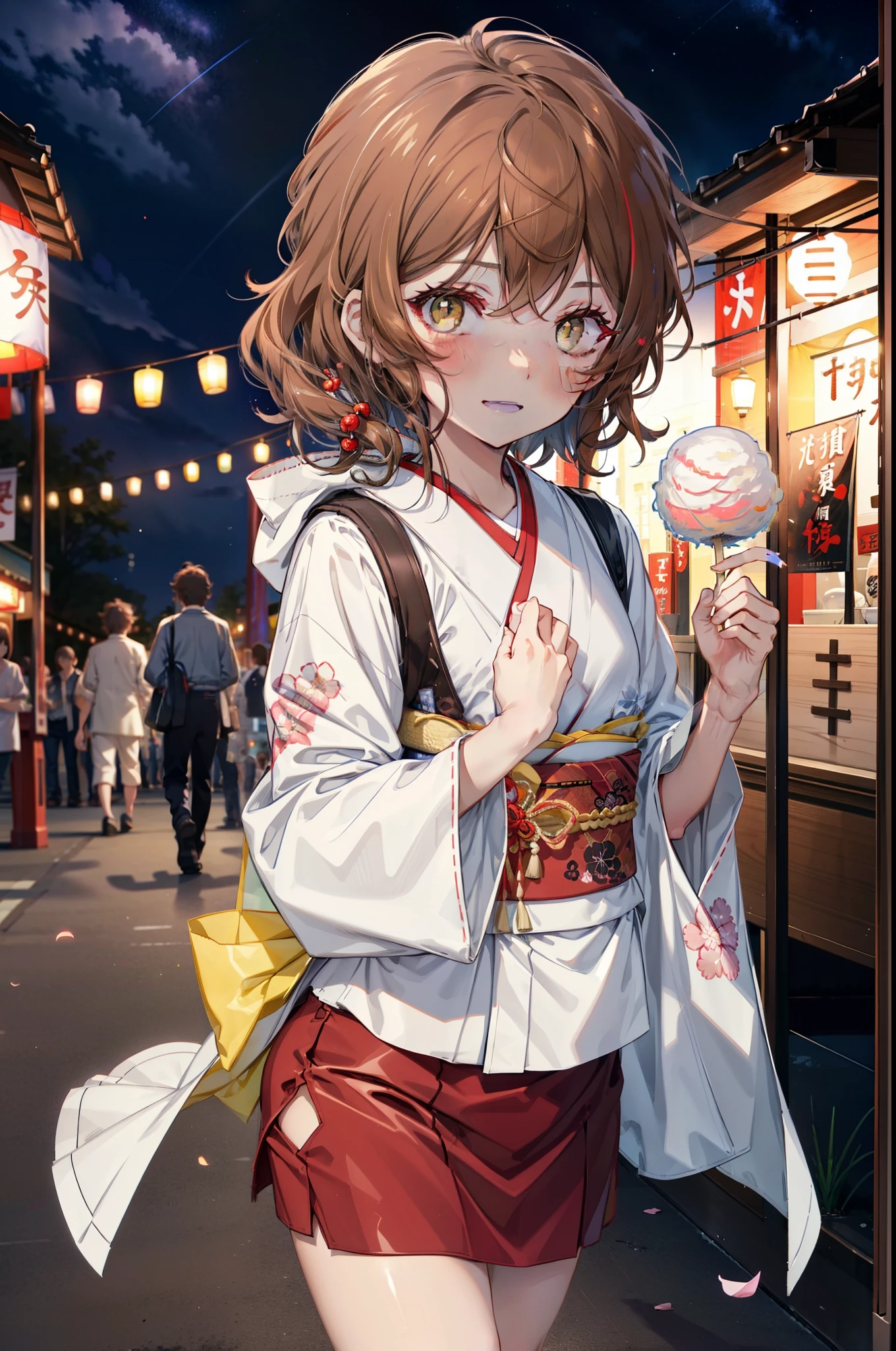 Lililukarde,  (Brown eyes:1.7), Brown Hair, (Flat Chest:1.2), short hair,smile,blush,Open your mouth,Sparkler,Holding, squat, night,Red Kimono,mini skirt,He is holding cotton candy in his right hand and a clear bag full of cotton candy in his left hand.,Japanese Festivals,Summer festival food stalls,Red lantern,whole bodyがイラストに入るように,
break looking at viewer,whole body, (Cowboy Shot:1. 5),
break outdoors, Veranda,
break (masterpiece:1.2), Highest quality, High resolution, unity 8k wallpaper, (figure:0.8), (Beautiful attention to detail:1.6), Highly detailed face, Perfect lighting, Highly detailed CG, (Perfect hands, Perfect Anatomy),