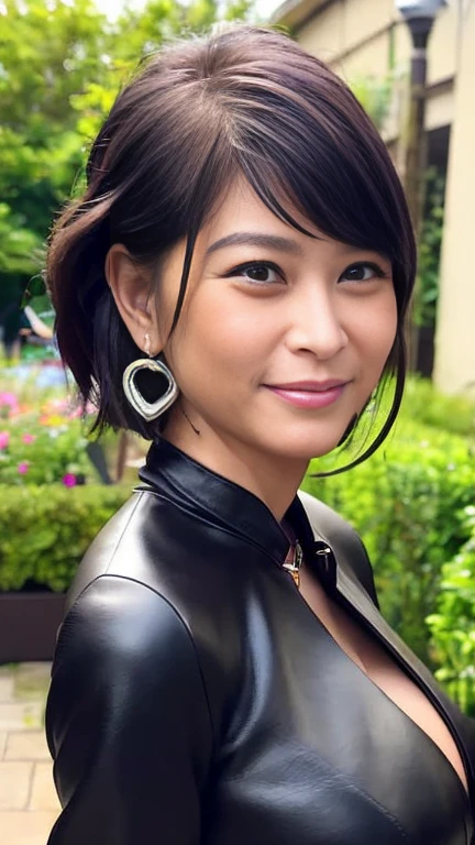 最high quality, 8k, Vibrant, Sharp focus, high quality, High resolution, Middle-aged women, Mature Woman, 5, (Whole Body Ezbian), (High heels face detail, Highly detailed eyes, Plump figure、Plump face、((big 1.6))、(((Large Breasts)))、((Black leather clothing))、garden、Random Hairstyles、A kind smile、