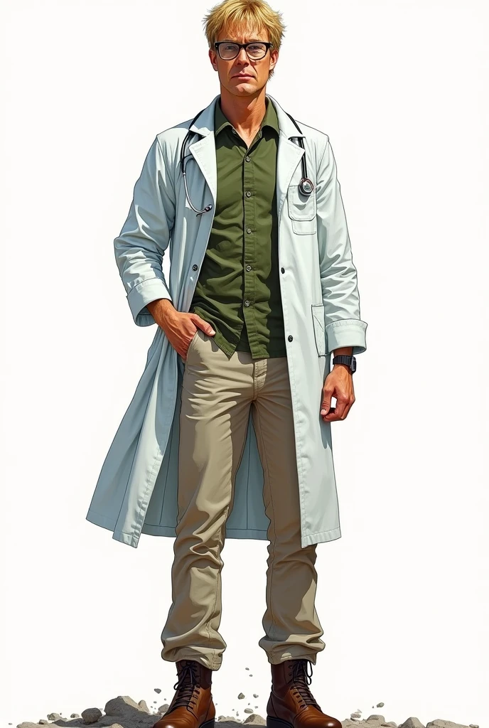 a drawing, bright coloured, A single man, 3, Cao Cao, Seriously, dark blonde american hair, Eyeglasses, army doctor clothes, big white coat, green camouflage shirt, Beige pants, shoes, apocalypse style, white background, fully body