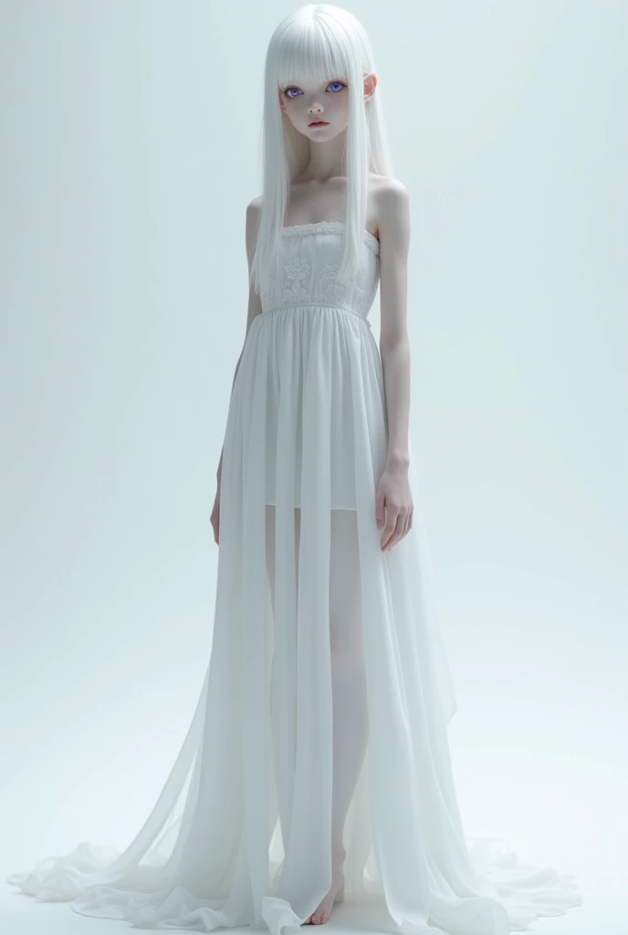 Albino girl, purple eyes, Long dress, white straight hair, Peasant