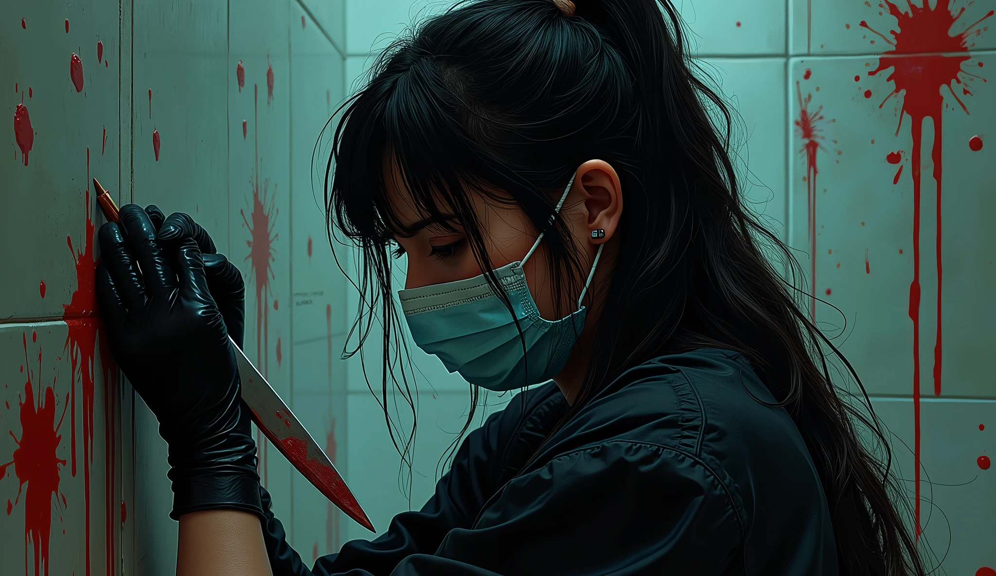 masterpiece, best quality, ultra detailed, disheveled hair, illustration, high saturation, colorful splashes, Italian girl, black gloves, surgical mask, holding knife, stabbing, blood, dark room , black raincoat, holding knife, behind , blood splatter, victim in bondage, long bangs, public restroom, shower, toilet, black wet suit, night, serial murderer, killer, dark atmosphere, Giallo film, Dario Argento, David Lynch, cinematic lighting, atmospheric realistic, Fumetti book aesthetic, 70's Euro-horror comic book vibe, lurid vivd colors, HD, 8x