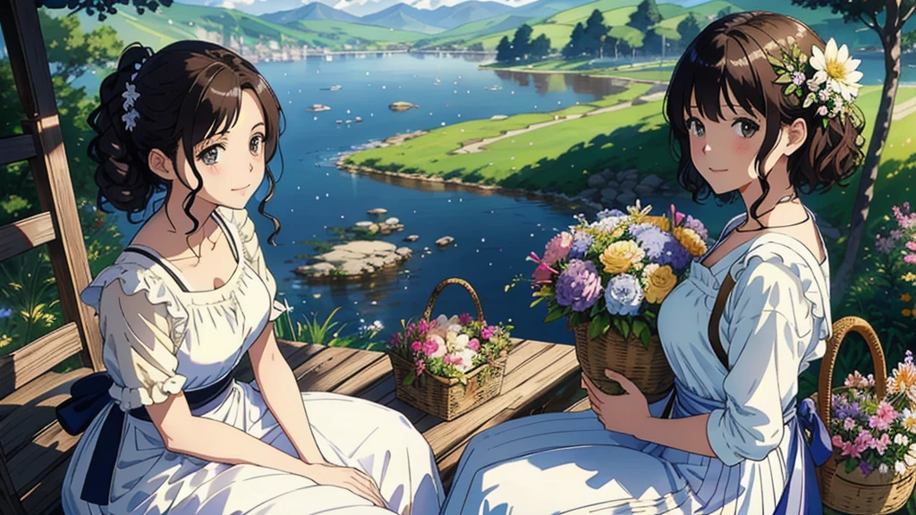 (highest quality、masterpiece、High resolution)、(Sargent-style watercolor)、(Anime Art 4k)、Soft Light、Cotswolds view、Old farmhouse、realistic shade, realistic anime face, flowers bloom、((Two women、Basket full of flowers、Everyone is standing))、(Detailed depiction of a beautiful face)、Smiling Kindly、Medium Short Hair、Dark brown hair、Braided hair、White blouse and long skirt、one piece、apron、apronドレス、picnic、Cinematic Light、Soft sunlight、lake、Beautiful mountain range in the background、Blur the background、 real life shade,