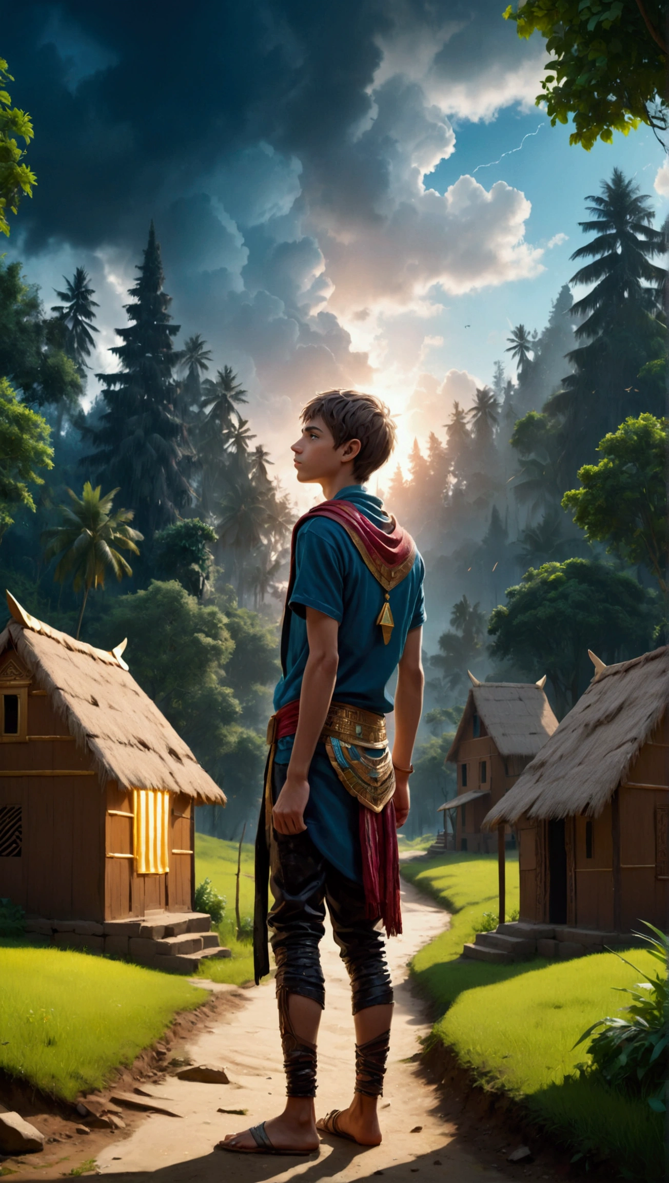 A humble-looking young man stands on the edge of a small isolated village, surrounded by dense forests. The sky is cloudy, with signs of a storm approaching. The village is simple, with wooden houses and narrow paths, reflecting a peaceful yet secluded life. (Shiny Egyptian Ornaments),High Resolution,Sharp Focus,(Ultra Detailed,Extremely Detailed), (Boy),(Photorealistic Art:1.37),(Extremely Detailed CG Unity 8k Wallpaper),(((Vibrant Colors,Vibrant Theme))),(Intricate),(Artwork),(Best Quality),Artistic Photography,(Photograph Taken By Sldr),(Intricate Background),Perfect Rendered Face,Perfect Face Details,Realistic Face,Photorealistic,(((Intricate Detail)),(((Realism)))
