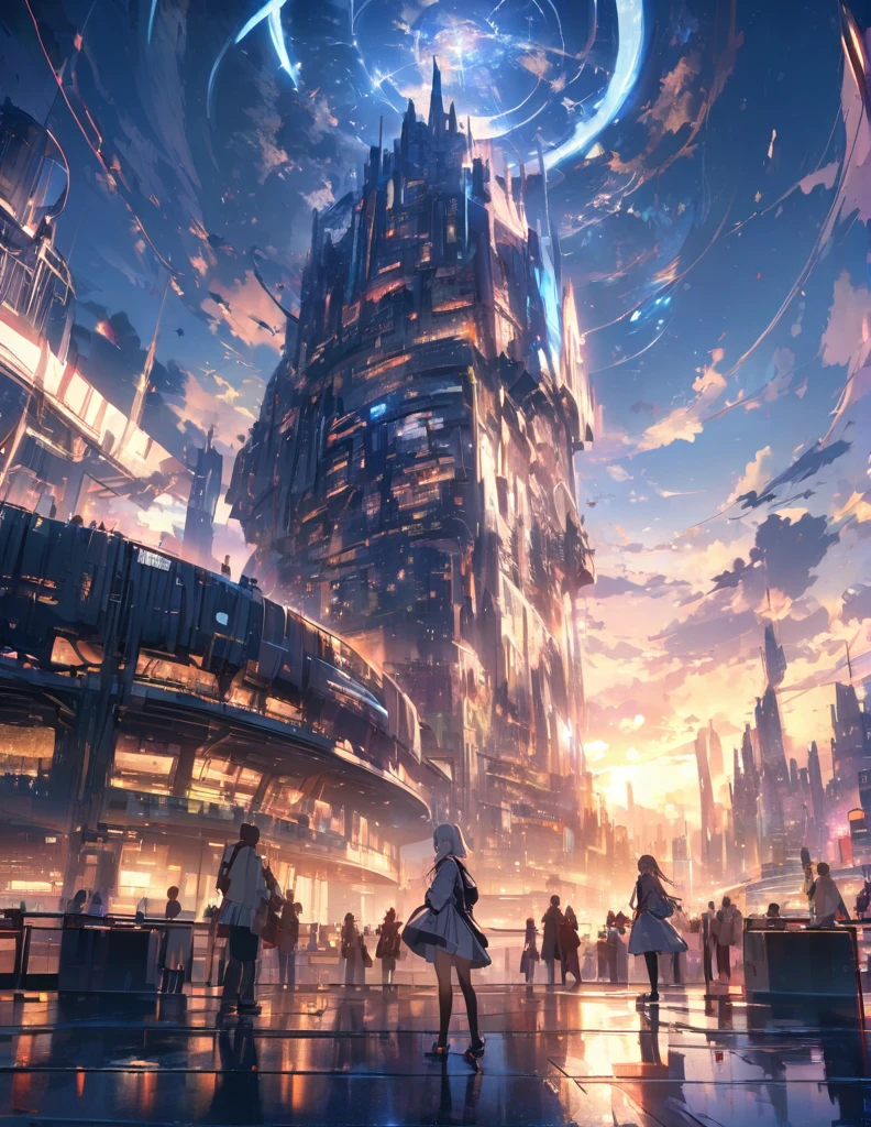 (anime)、(masterpiece:1.2),Atmospheric perspective,Lens flare、Ultra-wide background focused on the girl、Future City、Standing on the roof、cute、another world