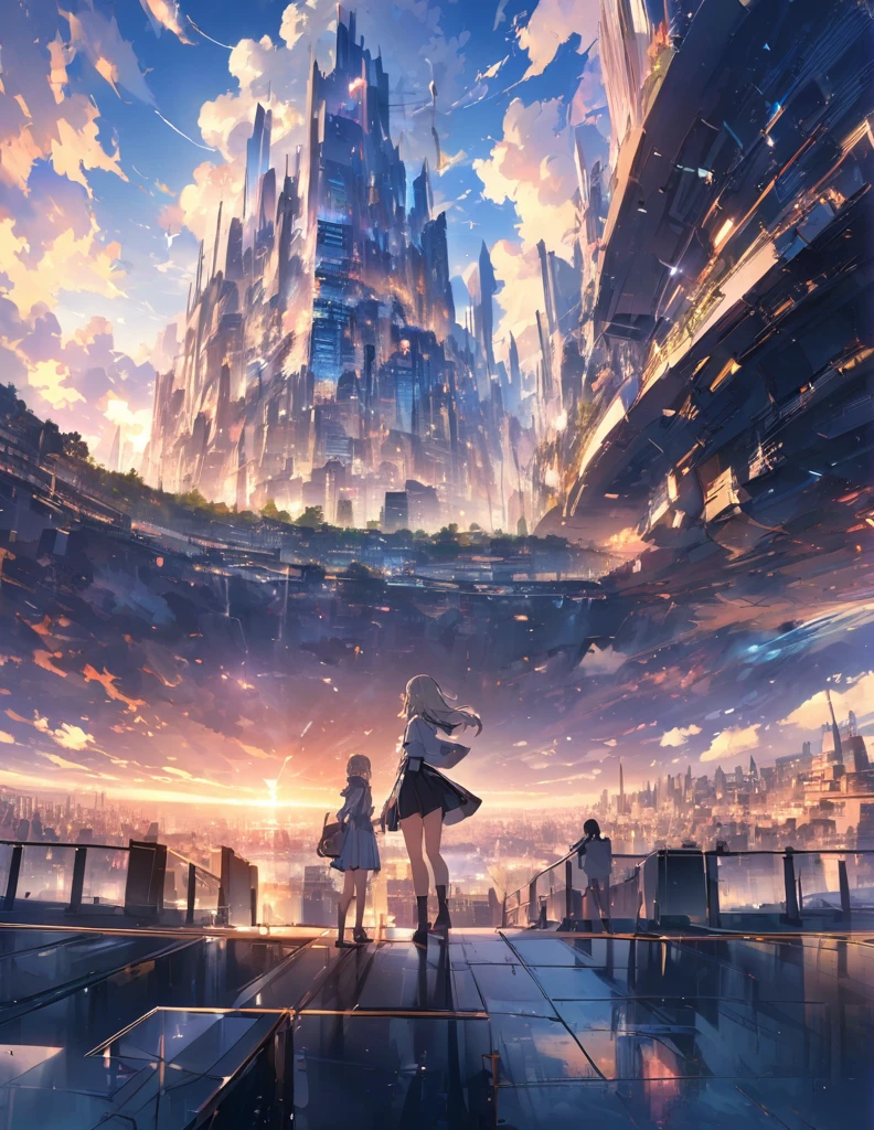 (anime)、(masterpiece:1.2),Atmospheric perspective,Lens flare、Ultra-wide background focused on the girl、Future City、Standing on the roof、cute、another world
