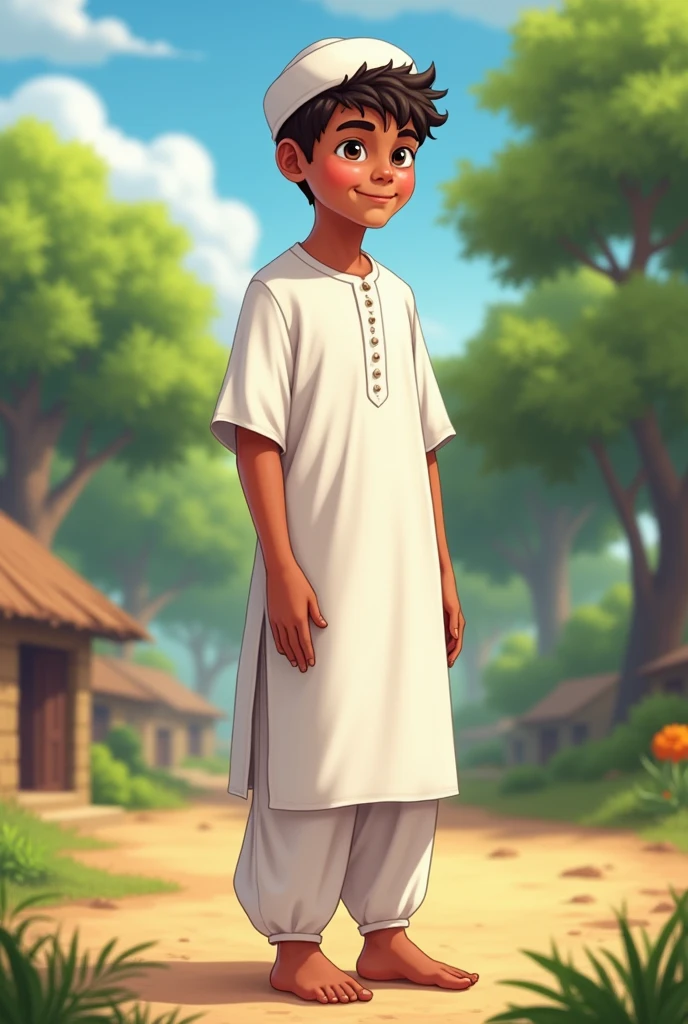 A - boearing white color prayer punjabi pajama and cap, he is standing and looking down with head hood and smiling, he is also pointing down with his finger and behind him are trees and hut