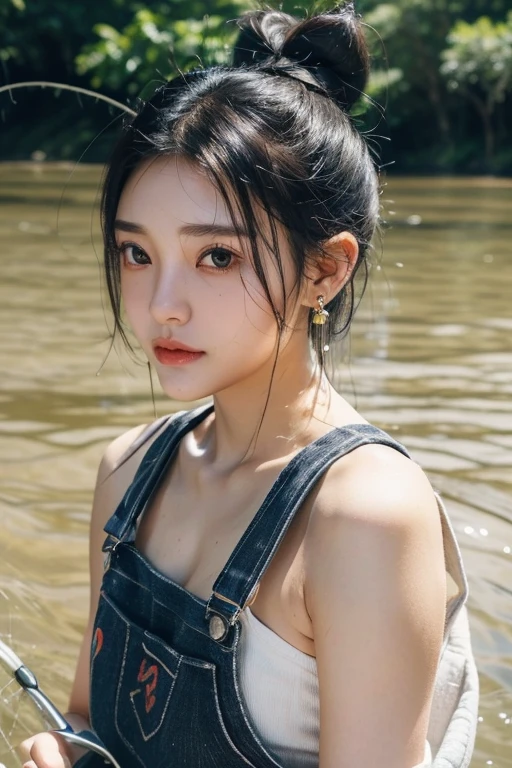 (2 pure Japanese girl,), (Small breasts:1.5,),(Mole on left side of neck:1.5),(solo,,Textured skin, Detailed skin,Detailed face,Detailed eyes,detailed posing,Natural eyebrows,Sparkling Eyes,High detail, Highest quality, Super detailed, Surrealism, ,8k,RAW Photos,Photographicism,Professional Lighting,Ray Tracing,Portrait Photography,Natural Light),(((Black Hair, Natural Makeup,Simple earrings, Bun Hair,Overalls))),,(Fishing in the river:1.5),(Holding a fishing rod with both hands)