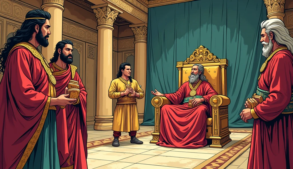Marriage Proposal from Hastinapura: Envoys from Hastinapura presenting the marriage proposal to King Subala, with a backdrop of the Gandhara palace. In comic style