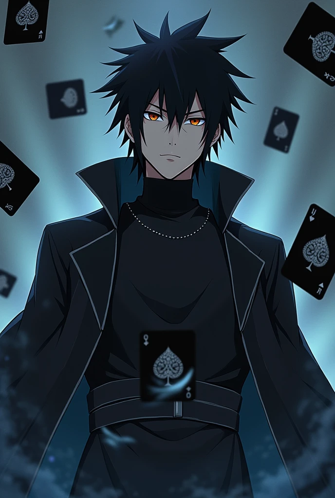 create a male anime character with appearance and clothes like sasuke uchiha, Akatsuki, your main weapon is the use of cards like the tulbacaim from hellsing - the hair should not be too long, your outfit should be minimalist - the cards should be black with silver details. Clothing should follow the pattern of the anime Jujutsu Kaizen without belts or buttons., the cards must surround him
