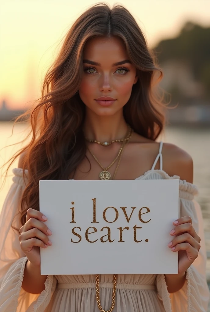 beautiful woman with long wavy hair,bohemian style dress,holding a white board with text "I Love Seaart Infinity",looking at viewer,serene expression,golden hour lighting,warm color palette,detailed facial features,detailed clothing texture,realistic,photorealistic,8k,high quality,masterpiece
