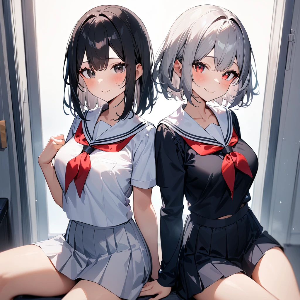 (2girls),adult,smile,school_uniform,White sailor,bareLegs,feet,medium hair.black hair,gray hair,black eyes,red eyes,medium_breasts,breasts,masterpiece, best quality, very aesthetic, absurdres,front View,(straight-on),side by side,light,dynamic angles,(masterpiece, best quality, very aesthetic, absurdres