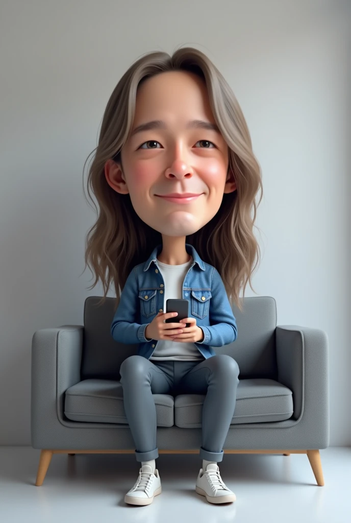 create image of   A 3D caricature rendering by Autodesk Maya of a semi-realistic characte. The image shows a person sitting on a grey couch, holding a smartphone in their hands. The person’s face is blurred for privacy. The individual has long, wavy hair and is wearing what appears to be a denim jacket and pants. For advertising big head, 