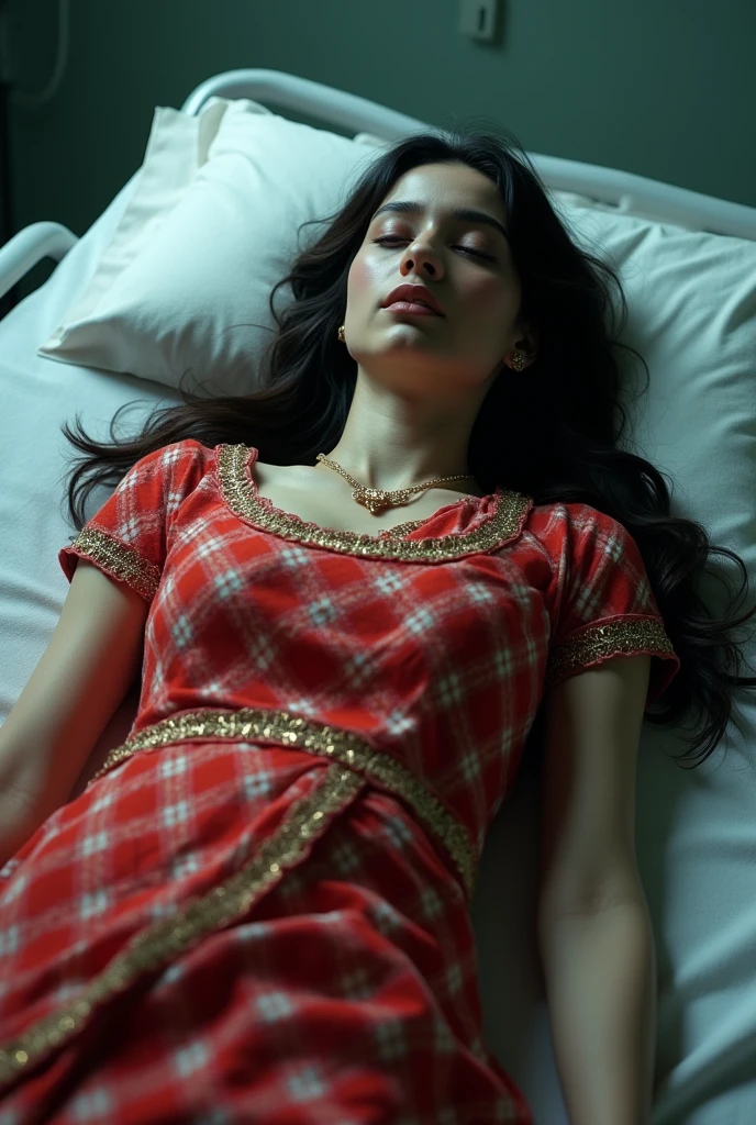 A beautiful girl in red check party wear saree dead body laying down in a morgue bed 4k realistic full body displayed