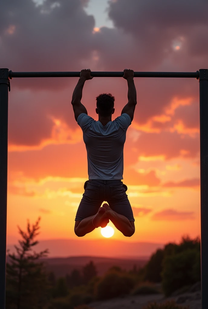 A guy is hanging to horizontal bar on sundown