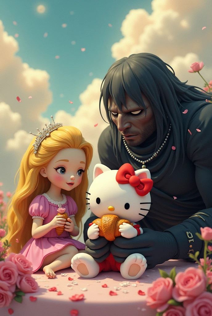hello kitty, rapunzel and berserk comendo croissant 

