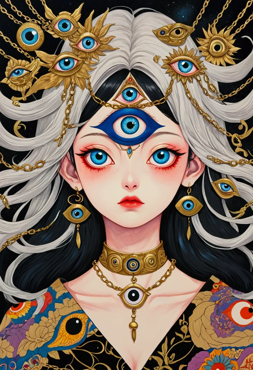 There is a big eye in the painting，There are chains around, Japanese pop surrealism, Japanese pop surrealism, Dazzling, 清澈s eyes, eyeball, Fantasy psychedelic anime, author：Hiroshi Arakawa, Portrait of a mysterious giant eye, The Third Eye睛, The Third Eye, inspired author：Hiroshi Arakawa, All-Seeing Eye, s eyes