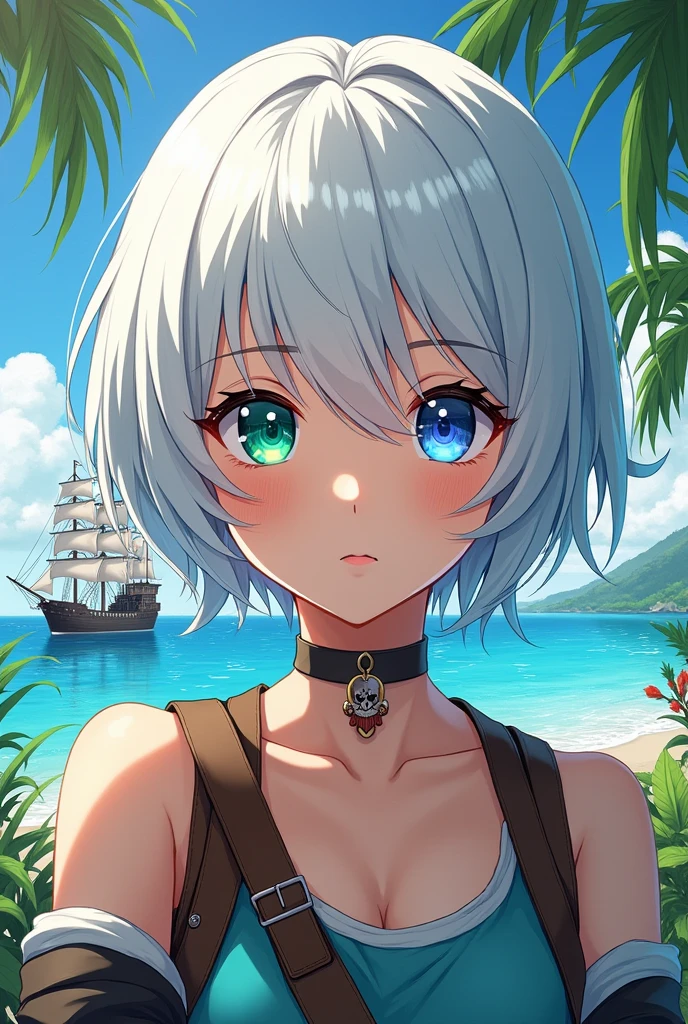 anime style, young adult woman, with blue right eye and green left eye, short white hair.
It&#39;s on an island with a treasure.
in the background there is a pirate ship.
during the day.