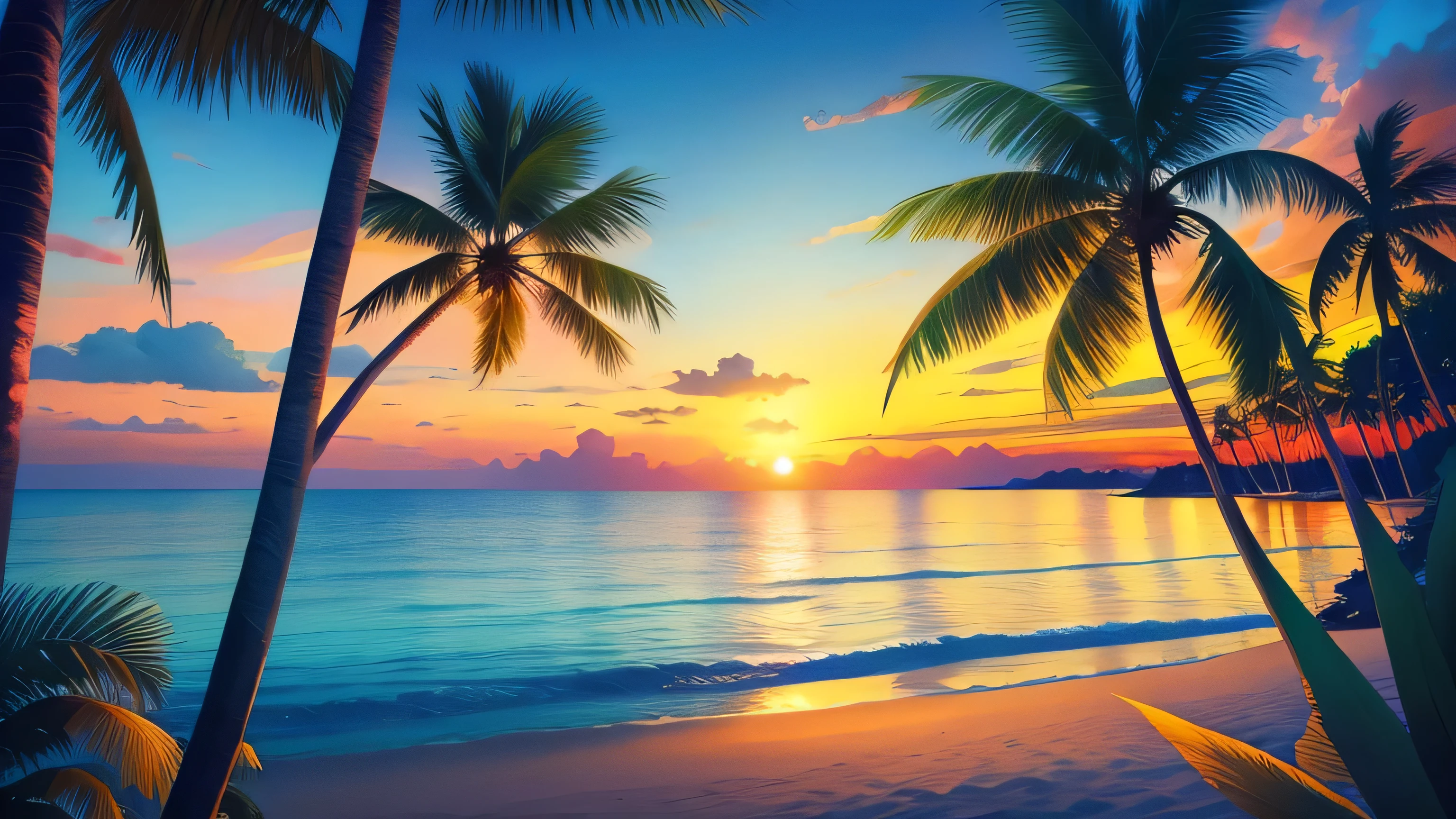 masterpiece, Highest quality, sunny beach, Vibrant tropical landscape with undulating palm trees, Realistic, photograph, sunny, Twilight, Tropical Jungle, High resolution, flower, Cinema Lighting