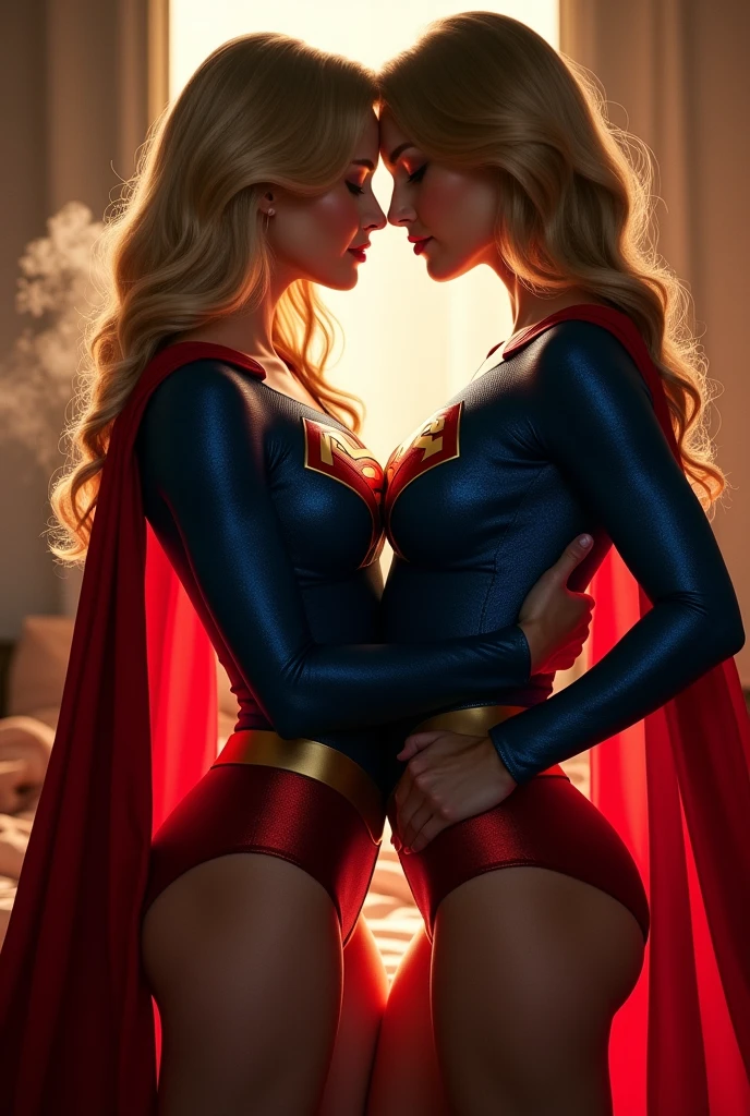 2 SUPERGIRLS HAVING HOT PASSIONATE SEX. WEARING IDENTICAL SUPERGIRL COSTUMES AND CAPES.