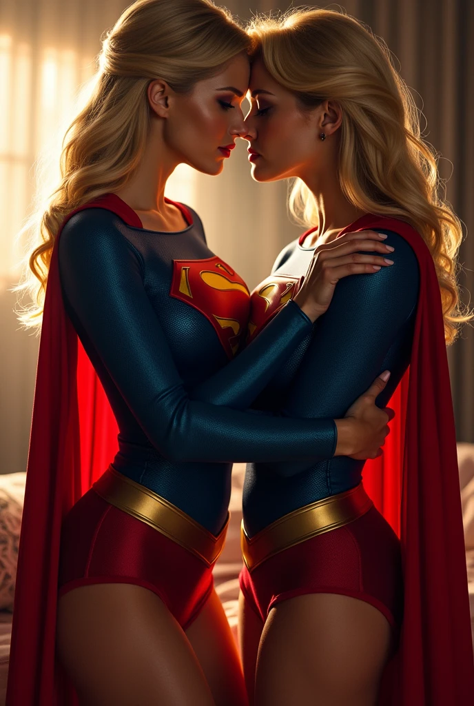 2 SUPERGIRLS HAVING HOT PASSIONATE SEX. WEARING IDENTICAL SUPERGIRL COSTUMES AND CAPES.