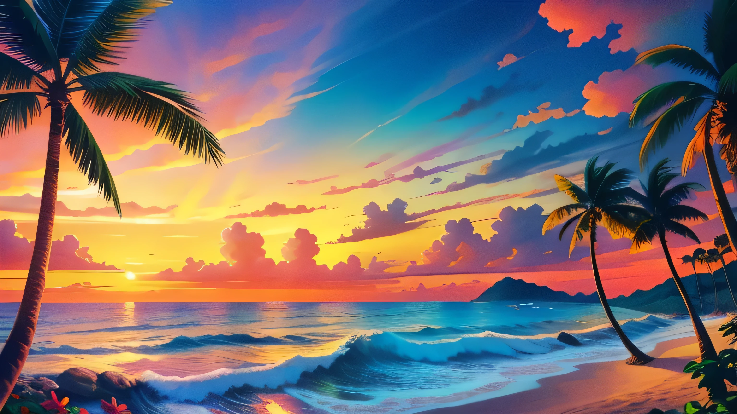 masterpiece, Highest quality, sunny beach, Vibrant tropical landscape with undulating palm trees, Realistic, photograph, sunny, Twilight, Tropical Jungle, High resolution, flower, Cinema Lighting