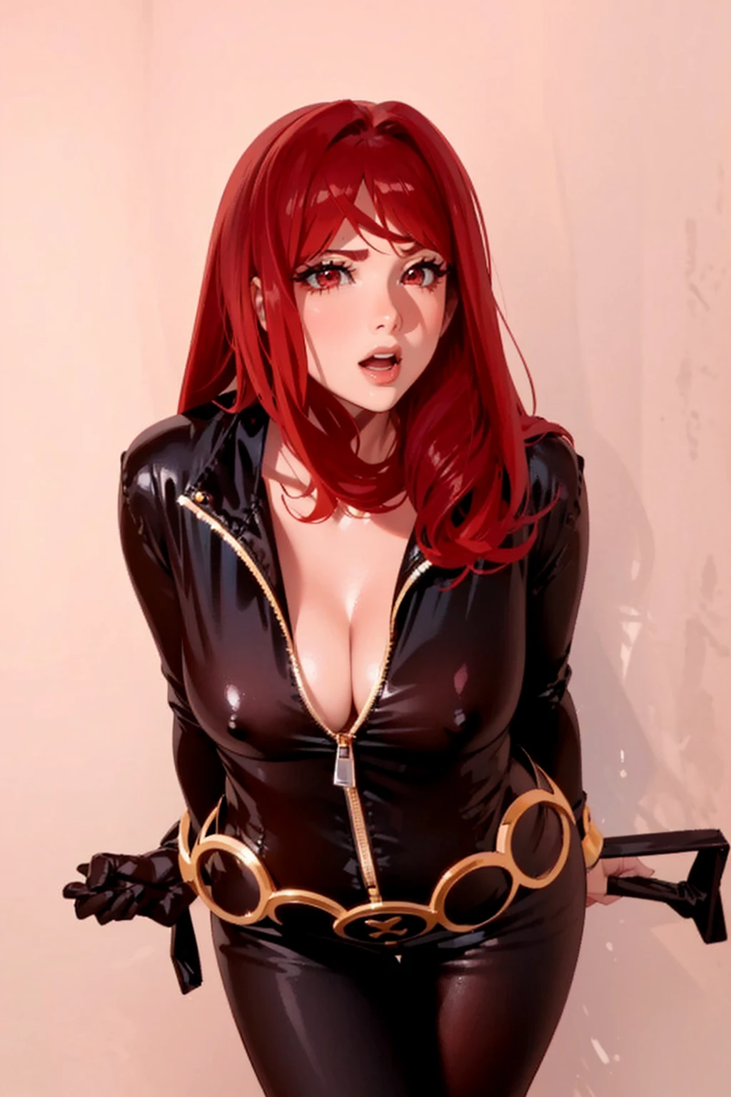 The image depicts a girl with bright red hair dressed in a sleek skin-tight shiny black latex bodysuit with a deep-cut zipper neckline revealing a large chest, the silver zipper running down the front. The suit is complemented by a belt of shiny golden circles around her waist. Both hands are tied behind her back. Her fair complexion and well-toned body contribute to the faithful representation of the character she is emulating. She appears with a cute smile on her face