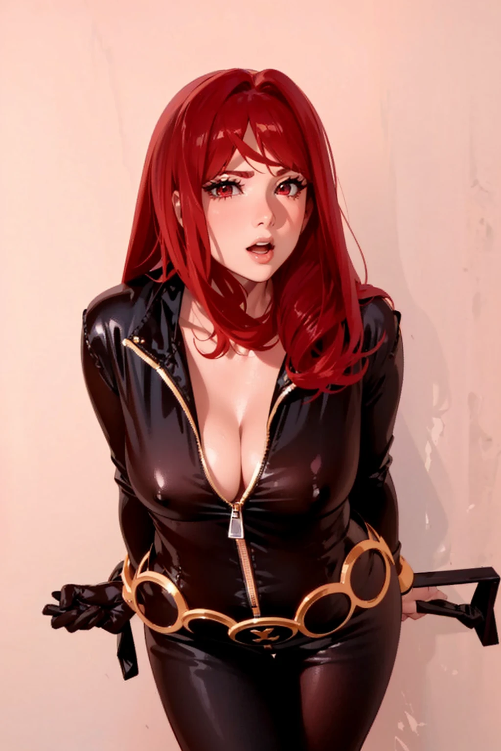 The image depicts a girl with bright red hair dressed in a sleek skin-tight shiny black latex bodysuit with a deep-cut zipper neckline revealing a large chest, the silver zipper running down the front. The suit is complemented by a belt of shiny golden circles around her waist. Both hands are tied behind her back. Her fair complexion and well-toned body contribute to the faithful representation of the character she is emulating. She appears with a cute smile on her face