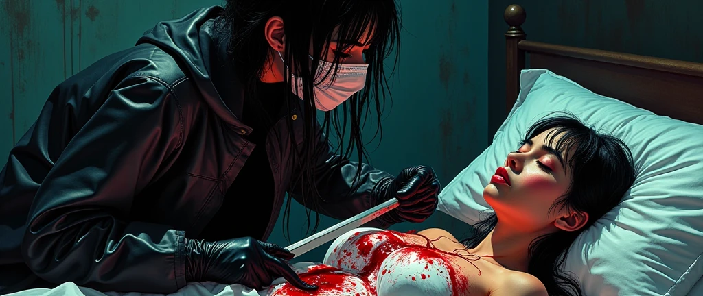 masterpiece, best quality, ultra detailed, disheveled hair, illustration, high saturation, colorful splashes, Italian girl, black gloves, surgical mask, holding knife, stabbing, blood, dark room , black raincoat, holding knife, behind , blood splatter, female victim in bondage, gaggged, long bangs, bed room, black wet suit, night, serial murderer, killer, dark atmosphere, Giallo film, Dario Argento, David Lynch, cinematic lighting, atmospheric realistic, Fumetti book aesthetic, 70's Euro-horror comic book vibe, lurid vivd colors, HD, 8x