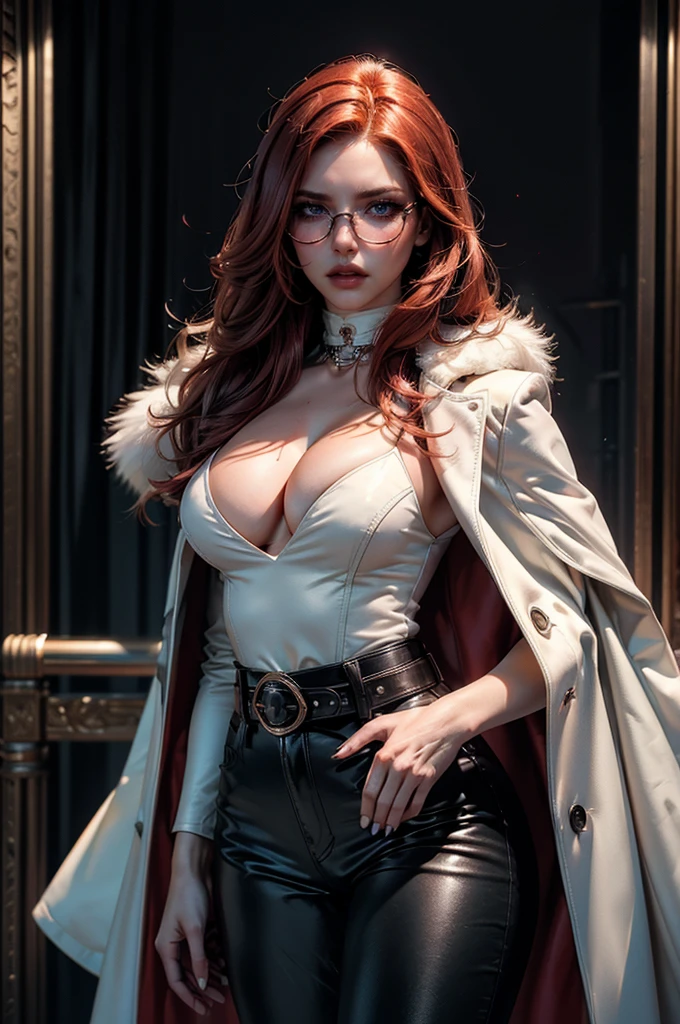 [cowboy shot], a beautiful young woman with long red hair, detailed facial features, ((wearing high quality high waist black leather pants)), ((a formal white top with cleavage)), ((a white fur coat on shoulders)), ((luxury waist belt)), ((red shaded glasses)), surrounded by excited fangirls, (best quality,4k,8k,highres,masterpiece:1.2),ultra-detailed,(realistic,photorealistic,photo-realistic:1.37),high fashion,editorial,dramatic lighting,cinematic,vivid colors,intricate details, glamorous