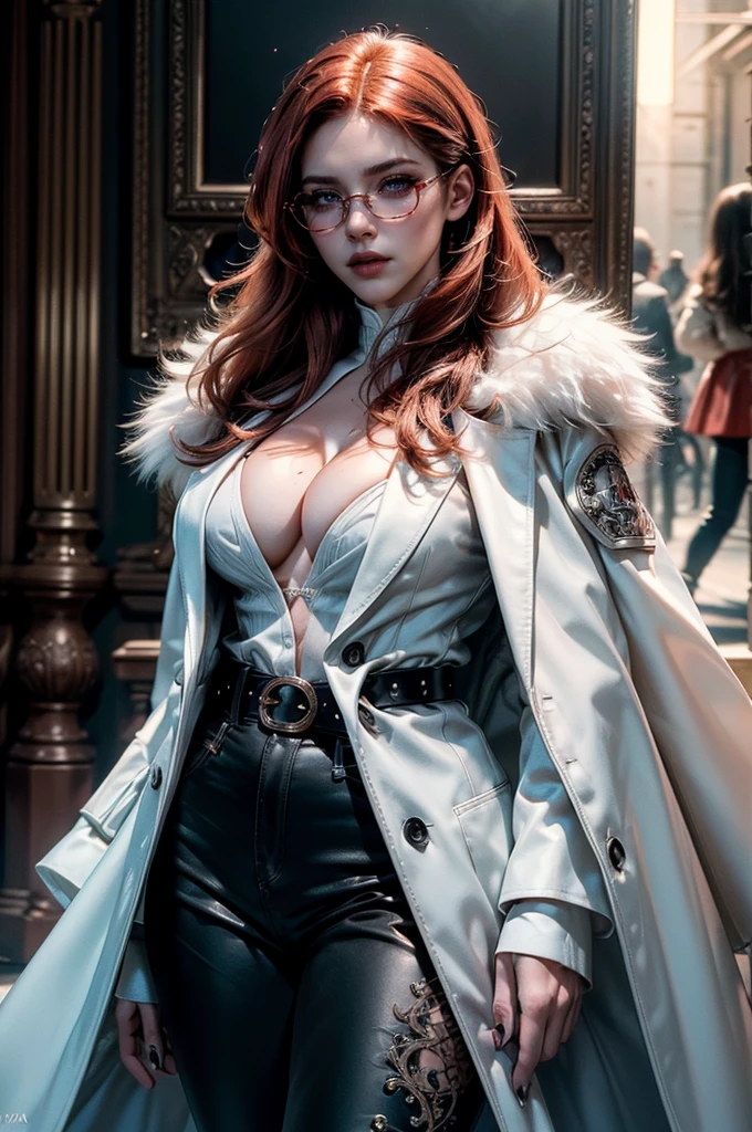 [cowboy shot], a beautiful young woman with long red hair, detailed facial features, ((wearing high quality high waist black leather pants)), ((a formal white top with cleavage)), ((a white fur coat on shoulders)), ((luxury waist belt)), ((red shaded glasses)), surrounded by excited fangirls, (best quality,4k,8k,highres,masterpiece:1.2),ultra-detailed,(realistic,photorealistic,photo-realistic:1.37),high fashion,editorial,dramatic lighting,cinematic,vivid colors,intricate details, glamorous