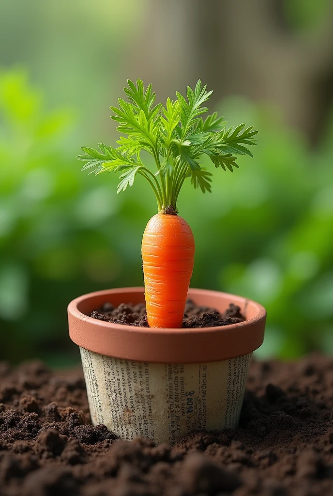 A pencil made of newspaper buried in a flowerpot and from it comes a carrot sprout