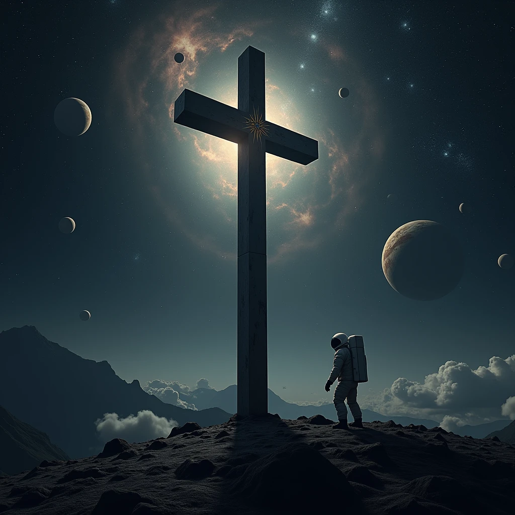 The Cross , in outer space , planets , Stars and an Austronaut 