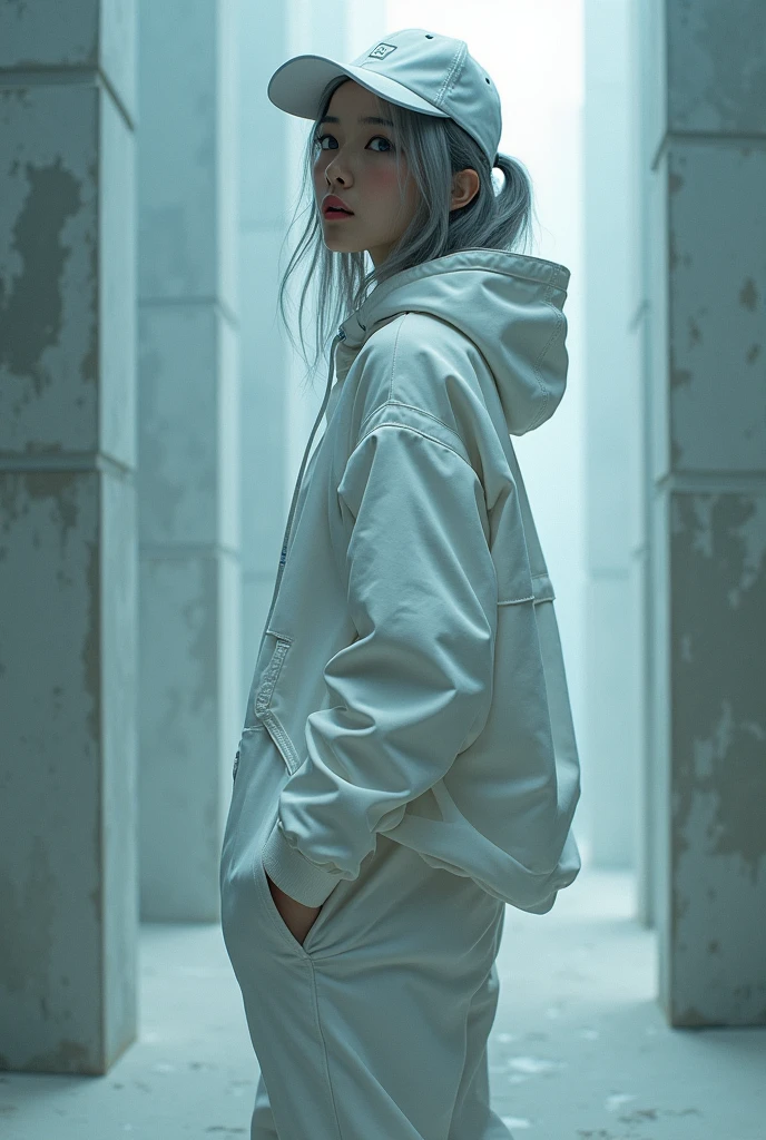 nsfw, masterpiece, Best Quality, hyper Realistic, A mysterious and sophisticated beautiful young gravure Japanese woman with blue eyes wears futuristic and sexy fashion art. standing focus ass,, from below, Detailed clothing butt, woman is climbing at a wide angle, with her full body in frame. large Butt, sexy large breasts, slim waist, Cyber punk fashion, Her outfit includes white over sized nylon hoodie baggy sweat, nothing shorts, adding a minimalist beauty. She accessorizes with futuristic accessories and technical sneakers. Deeply covered white baseball cap, Her demeanor exudes harmony and striking simplicity, accentuating her curves and digging sensuously into her skin, hyper small head and face, wide and big Duck mouth, half open mouth, perfectly aligned teeth, perfect beautiful wide teeth, Detailed eyes, light blue eyes, half open eyes, shiny Droopy eyes, gray hair, looking other, She is situated within the interior of a futuristic colony, with mist drifting and steam rising from concrete