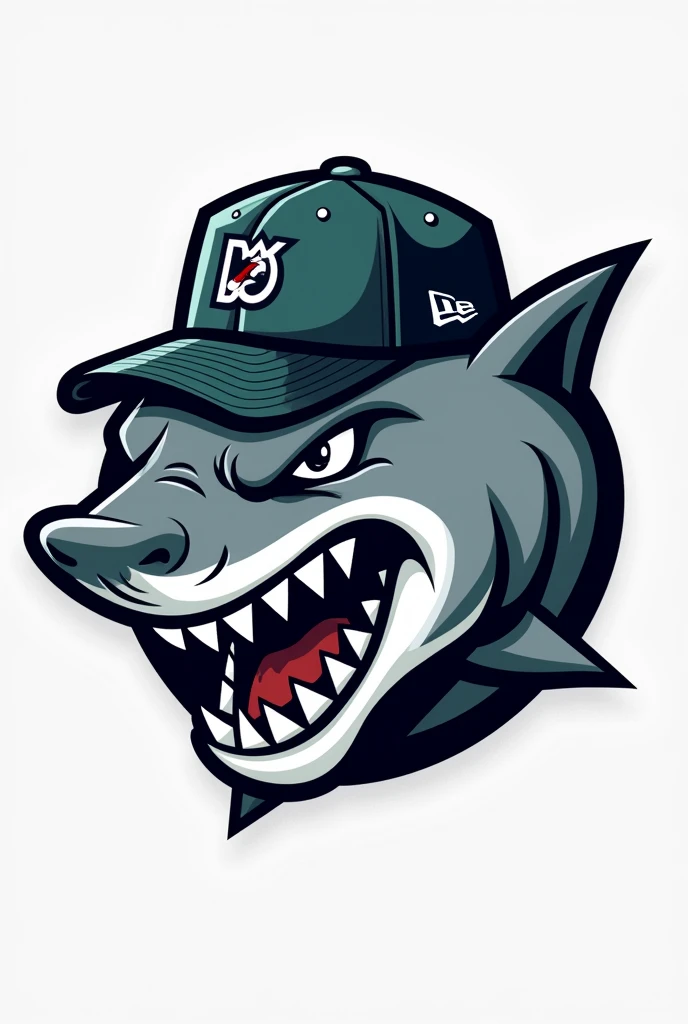 Logo for a hockey team of a grey shark with a New Era cap