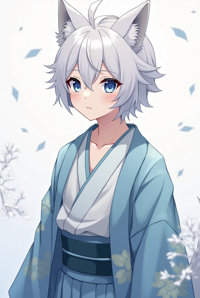 In anime style、weak々I'm wearing a kimono。my hair is white、Blue eyes、1 person、Wolf personification、male、child、short hair。male児