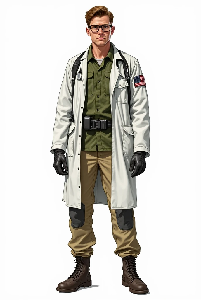 a drawing, bright coloured, A single man, 3, Cao Cao, Seriously, light brown american hair, Eyeglasses, army doctor clothes, big white coat, green camouflage shirt, Beige pants, shoes, apocalypse style, white background, fully body 