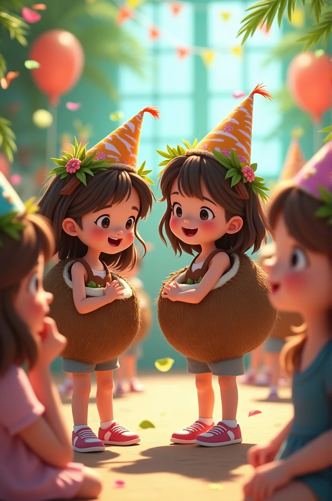 Girls dressed as coconuts at a birthday party 