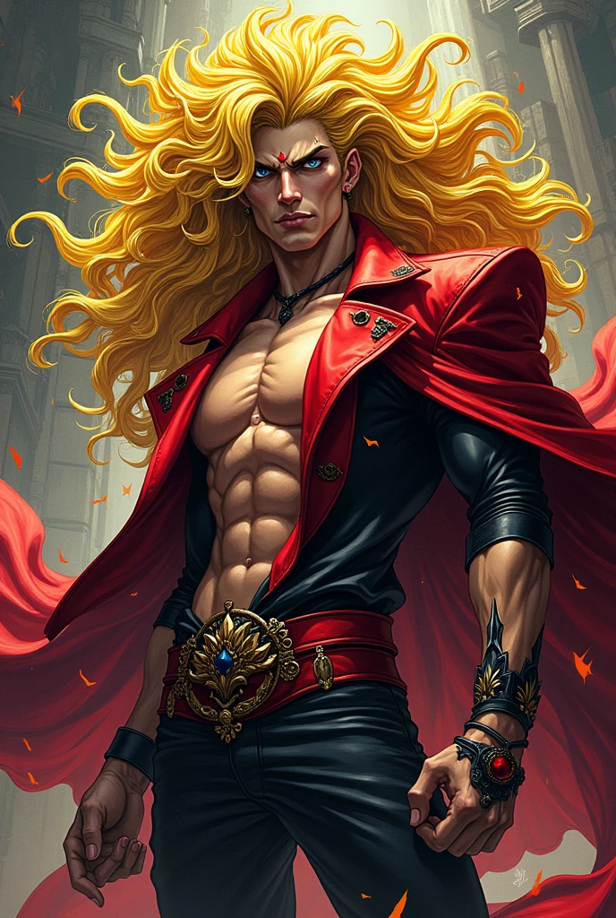 A Male JoJo character with the colors Yellow, Red, Black, and white with long curly hair